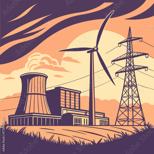 Stylized illustration of a power plant with cooling tower wind turbine and electricity pylon against a sunset sky
