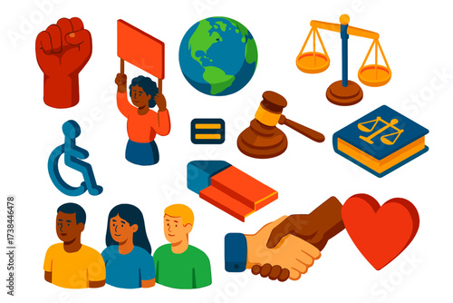 Social Equality Icons. Isometric vector illustration set Social Equality Movement: raised fist, protest banner, globe, balanced