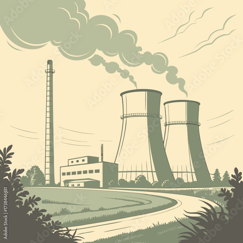 Stylized illustration of a power plant with cooling towers and a smokestack emitting steam against a muted background