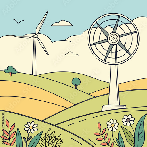 Stylized illustration of a serene landscape featuring wind turbines generating clean energy amidst rolling hills and blooming flowers
