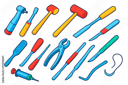 Oral Surgery Tools. Isometric vector illustration set Oral surgery tools: surgical handpiece, bone chisel, mallet, periosteal