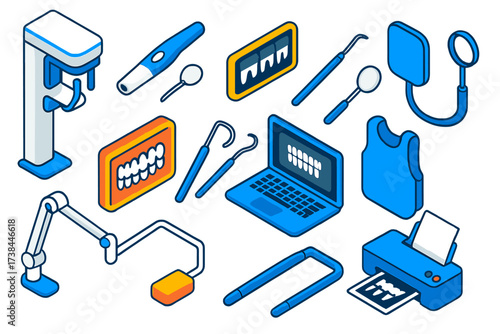 Dental Diagnostic Tools. Isometric vector illustration set Dental x-ray and diagnostics: panoramic x-ray machine, intraoral camera