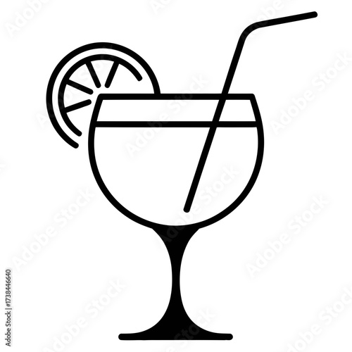 Cocktail glass with straw and lemon slice vector icon