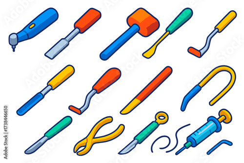 Oral Surgery Tools. Isometric vector illustration set Oral surgery tools: surgical handpiece, bone chisel, mallet, periosteal
