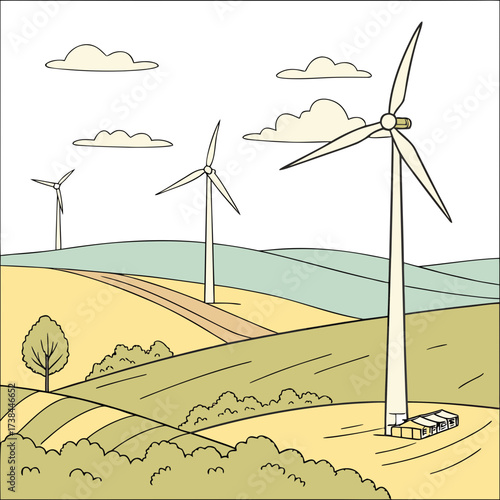 Stylized illustration of wind turbines generating clean energy in a rolling green landscape under a cloudy sky