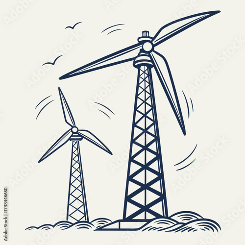 Stylized illustration of two wind turbines generating clean energy with birds flying overhead and stylized waves below