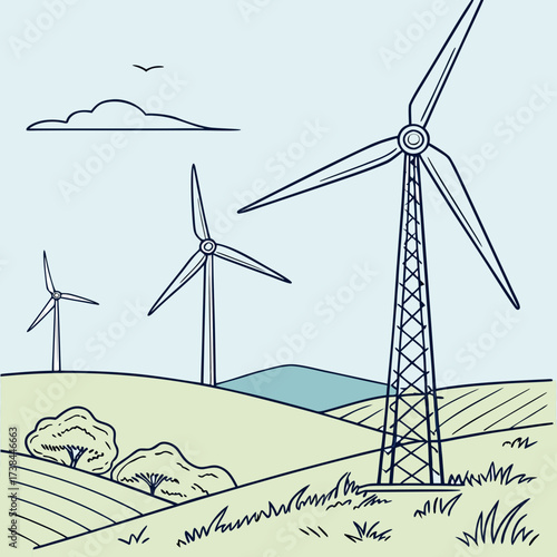Stylized illustration of wind turbines generating clean renewable energy on rolling green hills under a cloudy sky