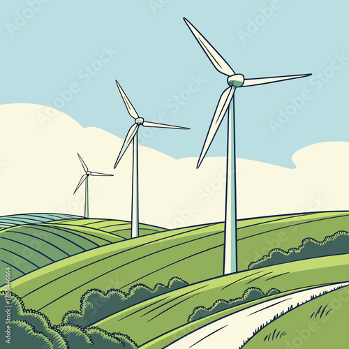 Stylized illustration of wind turbines generating clean energy on rolling green hills under a blue sky with clouds