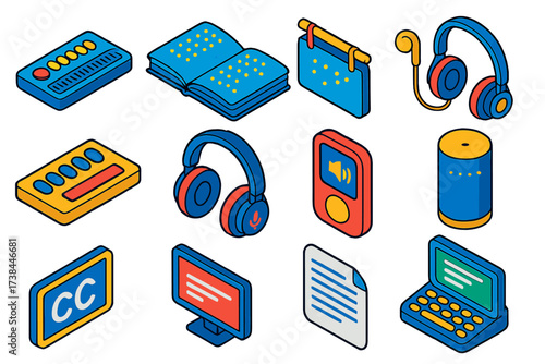 Accessible Tech Icons. Isometric vector illustration set Accessible technology: braille display, braille book, braille keyboard,