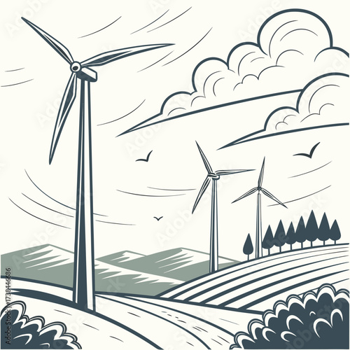 Stylized illustration of wind turbines generating clean energy in a rolling landscape with clouds and birds flying