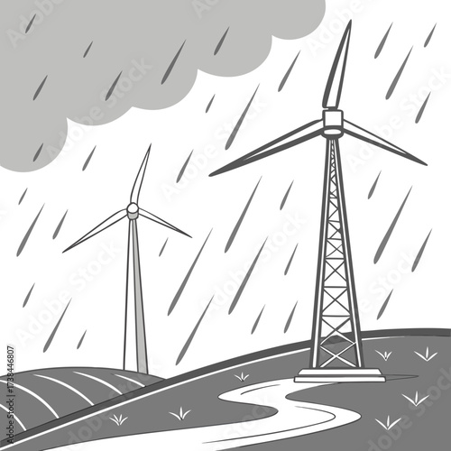 Wind turbines generating clean energy in a stormy landscape with rain and dark clouds overhead
