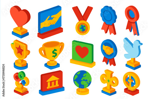 Charity Award Icons. Isometric vector illustration set Charity awards: heart-shaped trophy, helping hands plaque, humanitarian