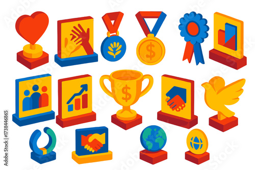 Charity Award Icons. Isometric vector illustration set Charity awards: heart-shaped trophy, helping hands plaque, humanitarian