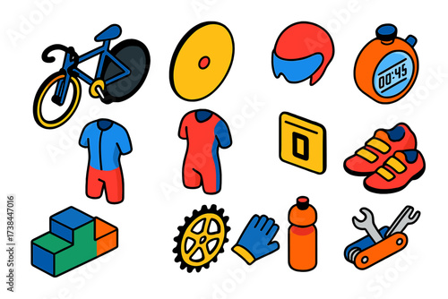 Track Cycling Essentials. Isometric vector illustration set Mini track cycling: velodrome bike, disc wheel, aero helmet, skinsuit,