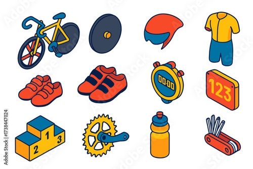 Track Cycling Essentials. Isometric vector illustration set Mini track cycling: velodrome bike, disc wheel, aero helmet, skinsuit,