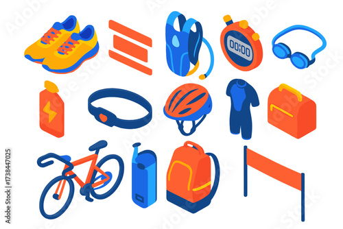 Mini Endurance Sports Icons. Isometric vector illustration set Mini endurance sports: marathon shoes, race bib, hydration pack,