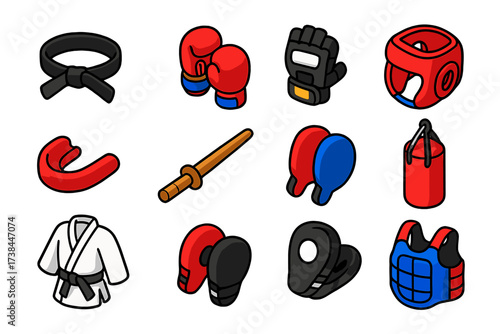Martial Arts Gear Icons. Isometric vector illustration set Mini martial arts: karate belt, judo belt, boxing gloves, MMA gloves,