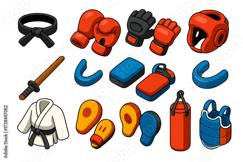 Martial Arts Gear Icons. Isometric vector illustration set Mini martial arts: karate belt, judo belt, boxing gloves, MMA gloves,
