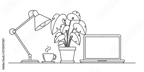 Minimalist line art illustration of a modern office desk with a laptop, houseplant, and coffee