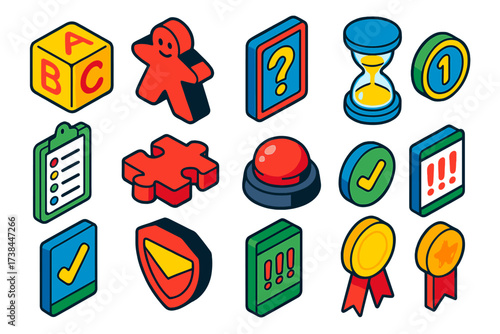 Party Quiz Icons. Isometric vector illustration set Party quiz games: quiz dice, mascot meeple, trivia card, rapid hourglass,