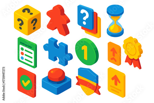 Party Quiz Icons. Isometric vector illustration set Party quiz games: quiz dice, mascot meeple, trivia card, rapid hourglass,