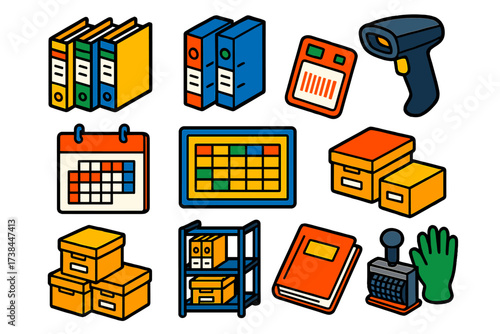 Archive Room Essentials. Isometric vector illustration set Archive room essentials: labeled invoice folders, invoice binders,