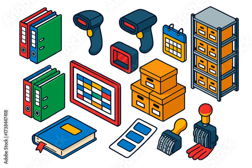 Archive Room Essentials. Isometric vector illustration set Archive room essentials: labeled invoice folders, invoice binders,