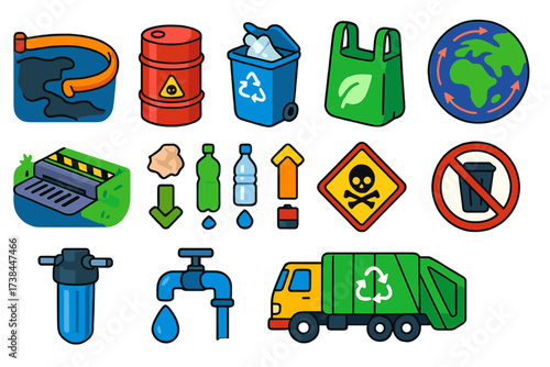 Pollution Prevention Icons. Isometric vector illustration set Pollution prevention: oil spill boom, chemical waste barrel,