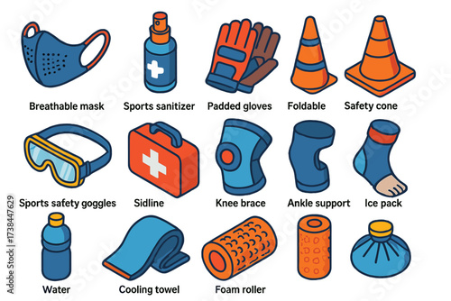 Isometric Sports Safety Gear. Isometric vector illustration set Sports safety gear: breathable mask, sports sanitizer spray,