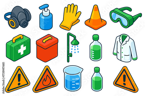 School Lab Safety Icons. Isometric vector illustration set School lab safety: chemical mask, sanitizer pump, disposable gloves,