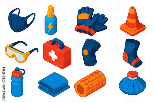 Isometric Sports Safety Gear. Isometric vector illustration set Sports safety gear: breathable mask, sports sanitizer spray,