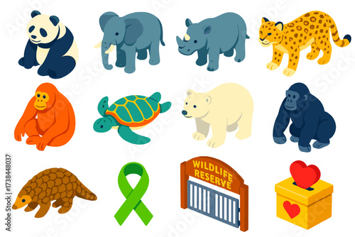 Endangered Wildlife Icons. Isometric vector illustration set Endangered animals: panda, elephant, rhino, snow leopard, orangutan,
