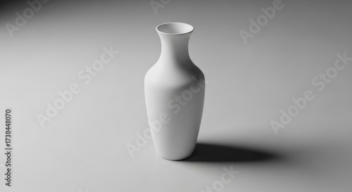 A minimalistic white vase stands elegantly on a neutral surface, casting a soft shadow that accentuates its smooth curves and simple design, isolated on white background