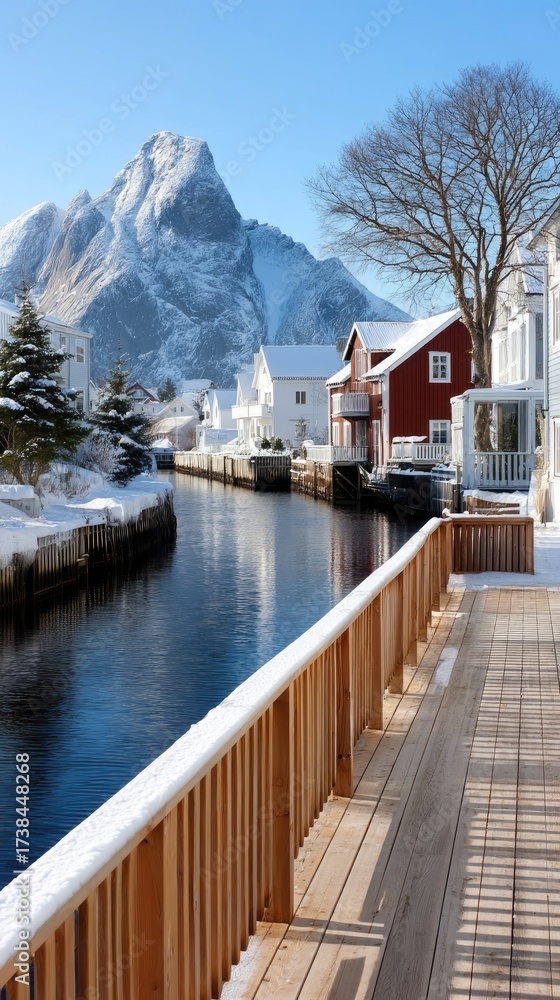 Fototapeta premium Snow blankets the landscape as mountains rise above a tranquil body of water, creating a serene winter scene with lovely homes