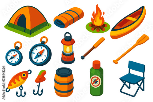Canoe Camping Basics. Isometric vector illustration set Canoe camping: riverside tent, dry sleeping bag, canoe stove, riverside