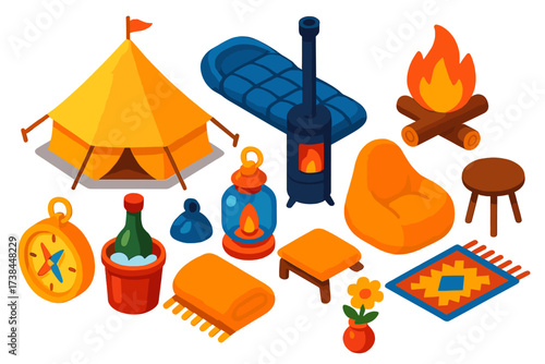 Luxury Glamping Gear. Isometric vector illustration set Glamping gear: luxury tent, plush sleeping bag, designer stove, decorative
