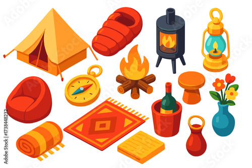 Luxury Glamping Gear. Isometric vector illustration set Glamping gear: luxury tent, plush sleeping bag, designer stove, decorative