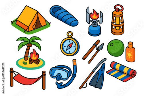 Tropical Island Camping Icons. Isometric vector illustration set Remote island camping: tropical tent, lightweight sleeping bag,