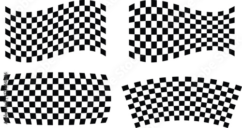 Four dynamic black and white checkered flag designs, symbolizing racing and finish lines, with wavy and distorted patterns.