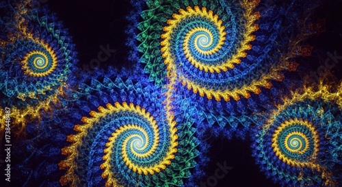 Intricate fractal design featuring swirling spirals in vibrant shades of blue, green, and yellow, creating a mesmerizing and visually stunning abstract composition