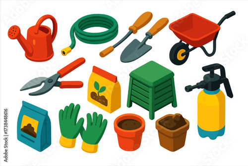 Bold Gardening Tools Icons. Isometric vector illustration set Gardening tools: watering can, garden hose, trowel, rake,