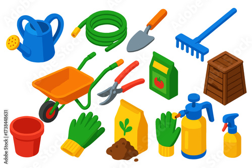 Bold Gardening Tools Icons. Isometric vector illustration set Gardening tools: watering can, garden hose, trowel, rake,