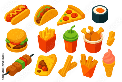Vibrant Street Food Icons. Isometric vector illustration set Street food: hot dog, taco, pizza slice, sushi roll, burger, fries