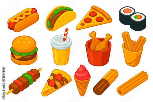 Vibrant Street Food Icons. Isometric vector illustration set Street food: hot dog, taco, pizza slice, sushi roll, burger, fries