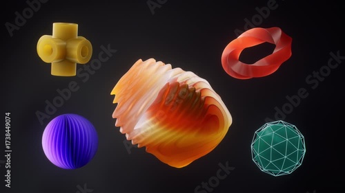 3D Primitives Shapes Motion in a Seamless Loop. Colorful abstract shapes in dynamic motion, showcasing fluid transitions and vibrant textures in a visually engaging sequence of three frames