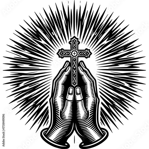 Sacred Hands:  Illustrative representation of two hands tenderly cradling a luminous cross, radiating spiritual strength and devotion. 