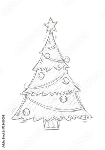 A handdrawn christmas tree isolated on transparent background, featuring a simple star and ornaments, creating a nostalgic and artistic holiday atmosphere, perfect for coloring books and creative proj