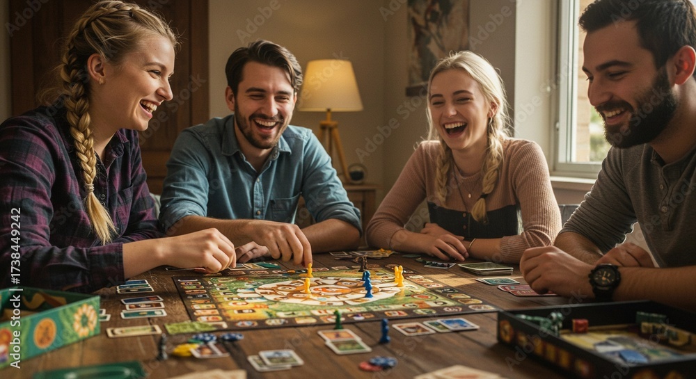 Fototapeta premium Group of four happy, smiling friends sitting around a table, playing a board game and having a fun, relaxing time indoors.