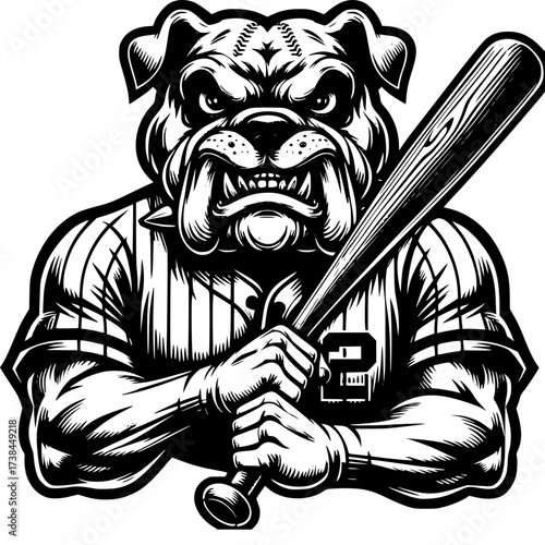 Bulldog Ready to Strike: A fierce bulldog, emblematic of strength and tenacity, is poised with a baseball bat, in a dynamic, eye-catching, monochromatic style