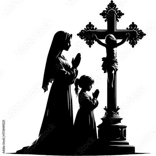 Silhouette of Faith: A mother and child find solace in prayer before an ornate cross, a serene scene of spiritual devotion and familial bond.